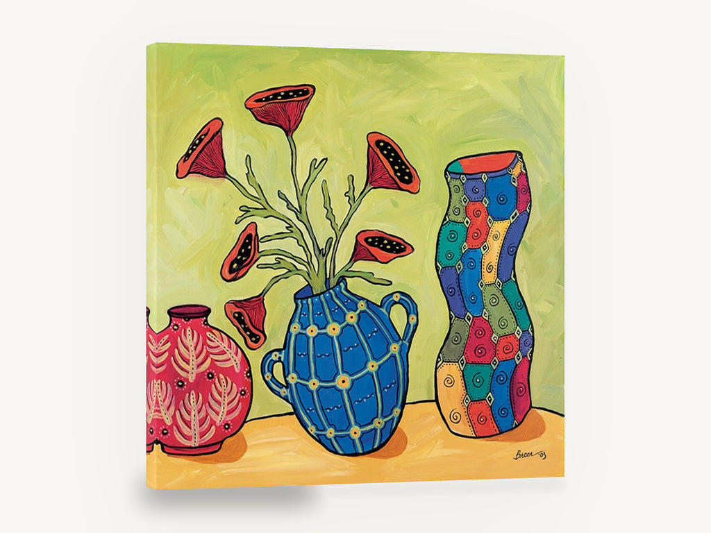 Three Patterned Vases, colourful vases red poppies still life, floral canvas wall art print ready to hang