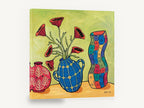 Three Patterned Vases, colourful vases red poppies still life, floral canvas wall art print ready to hang