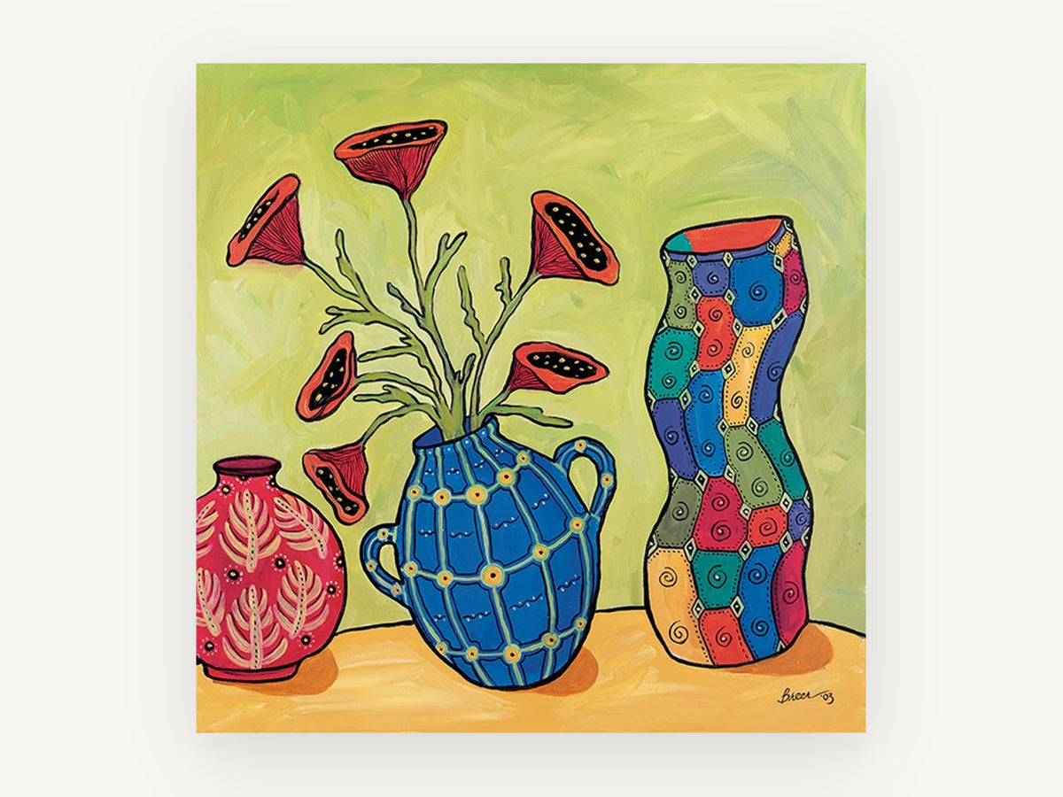 Three Patterned Vases, floral canvas wall art print, front view