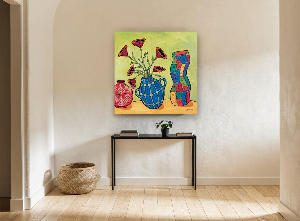 Three Patterned Vases floral canvas print on the wall of a hallway