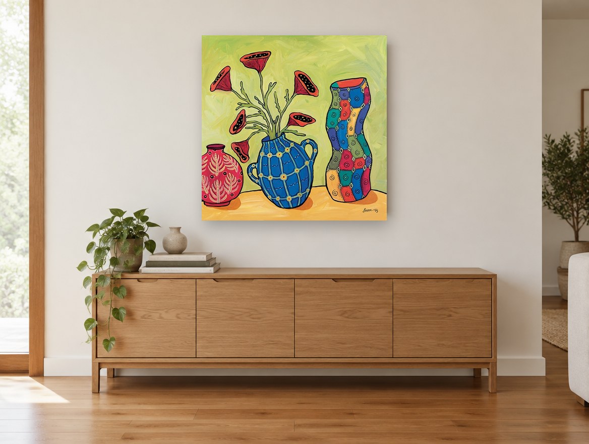 Three Patterned Vases floral canvas print on the wall of a living room above a sideboard