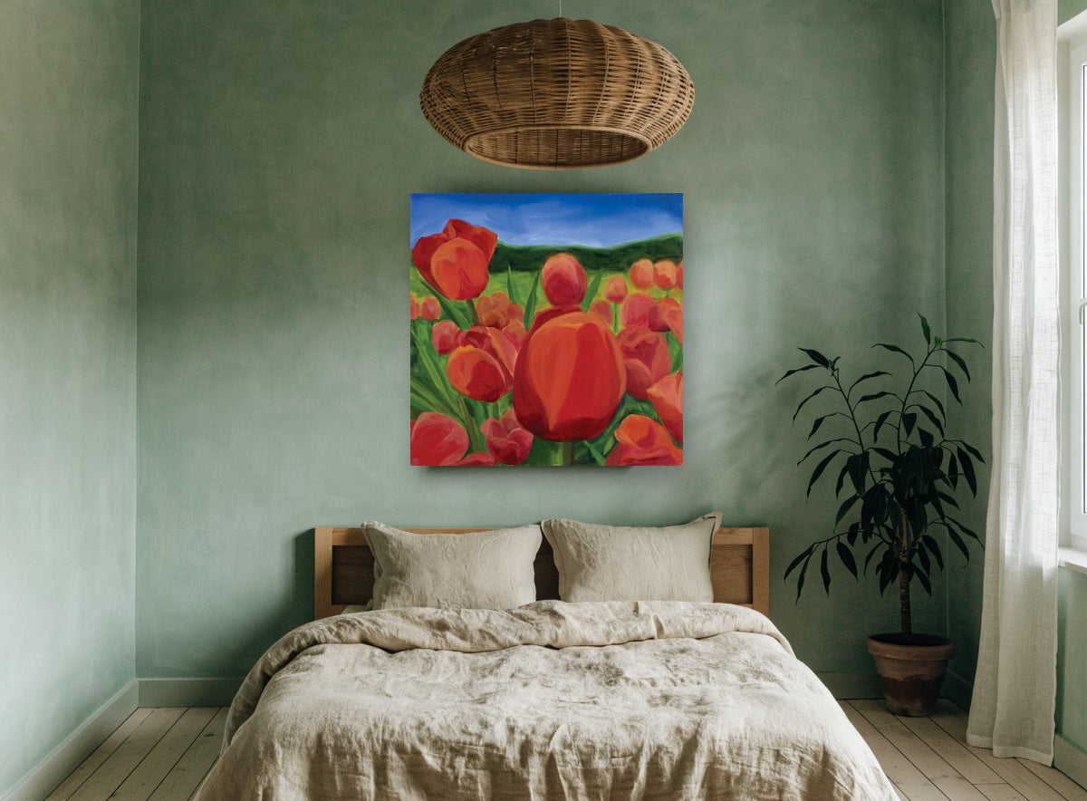 Red Tulip Meadow floral canvas print on the wall of a bedroom