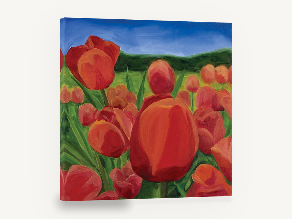 Red Tulip Meadow, red tulip field painting square, floral canvas wall art print ready to hang