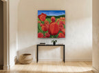 Red Tulip Meadow floral canvas print on the wall of a hallway