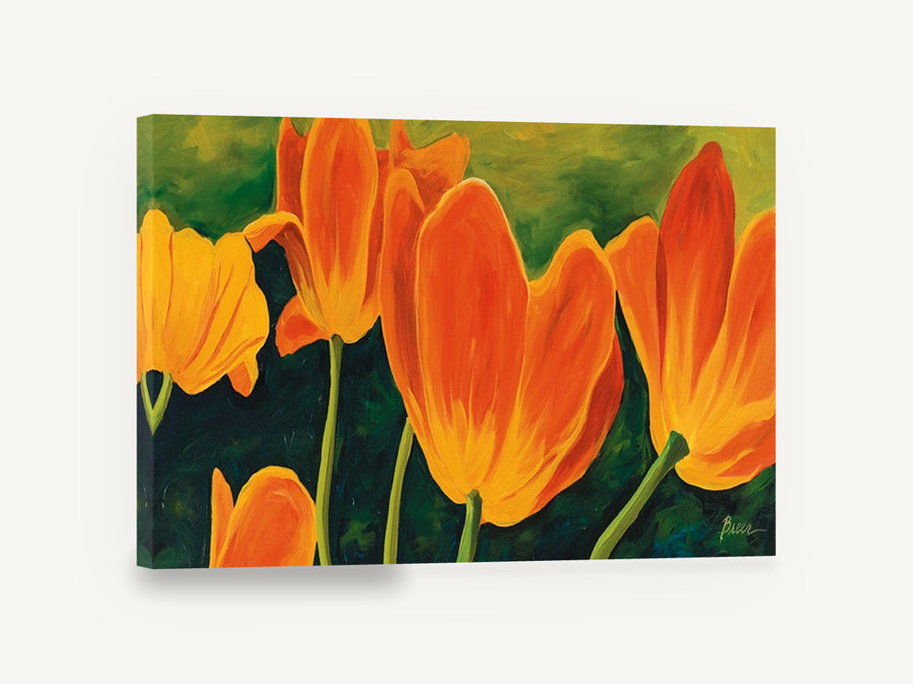 Orange Tulips at Dusk, orange tulips floral painting style, floral canvas wall art print ready to hang