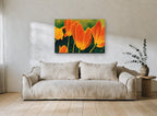 Orange Tulips at Dusk floral canvas print on the wall of a living room