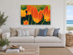 Orange Tulips at Dusk floral canvas print on the wall of a beach house living room