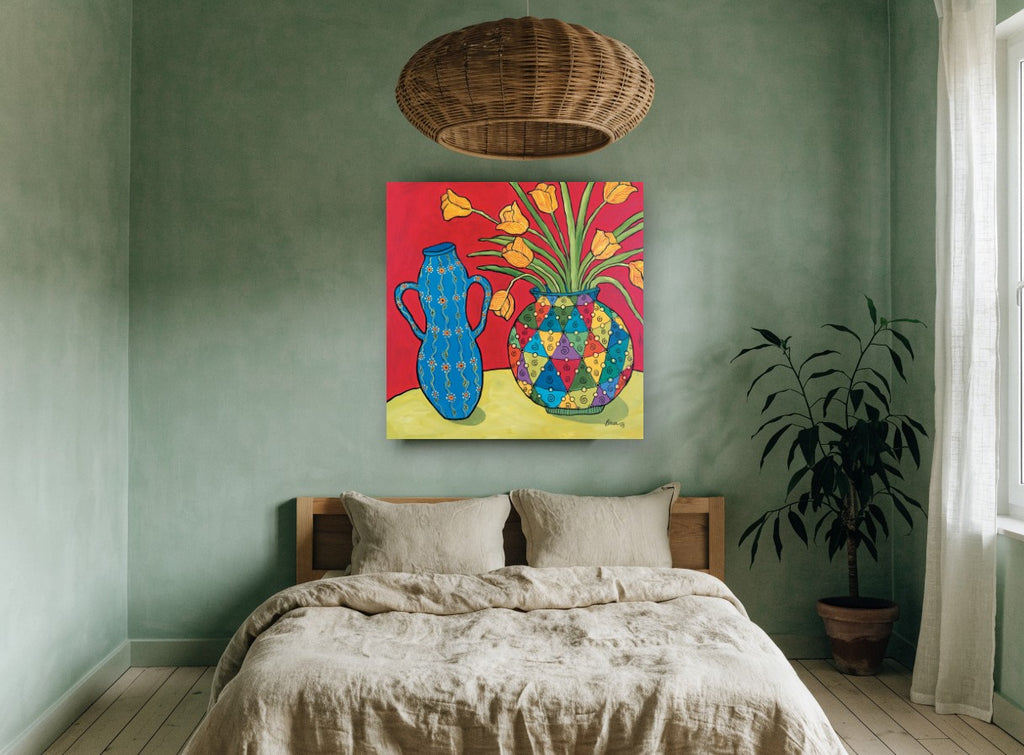 Tulips and Harlequin Vase floral canvas print on the wall of a bedroom