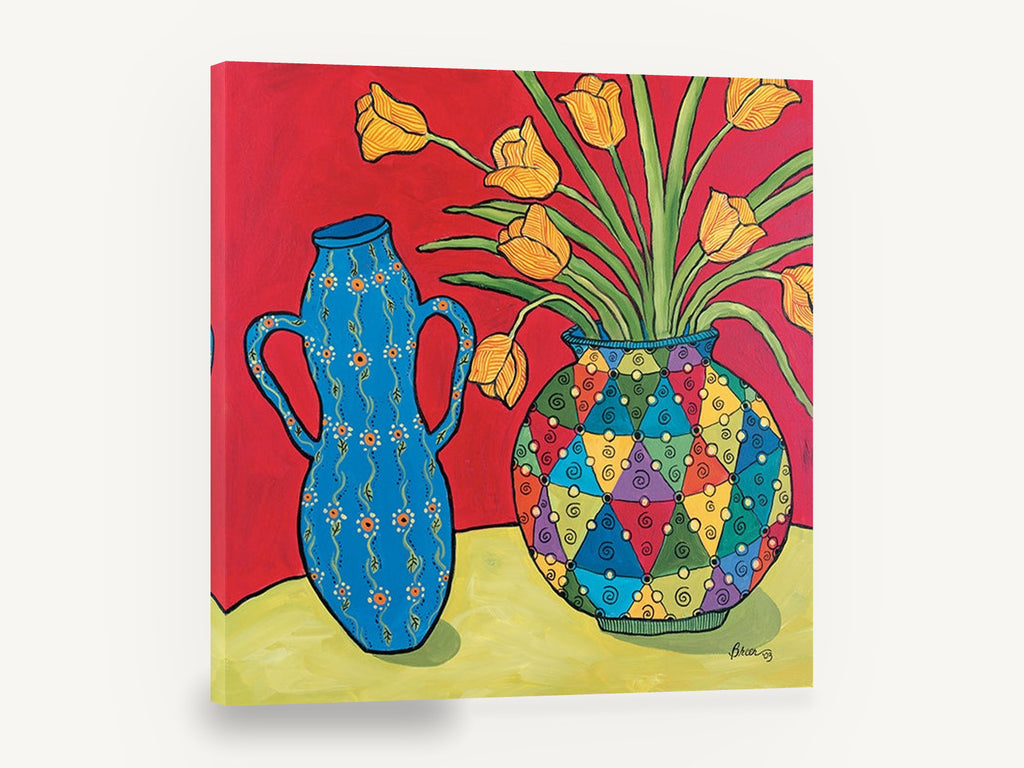 Tulips and Harlequin Vase, yellow tulips colourful vases still life, floral canvas wall art print ready to hang