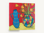 Tulips and Harlequin Vase, yellow tulips colourful vases still life, floral canvas wall art print ready to hang