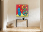 Tulips and Harlequin Vase floral canvas print on the wall of a hallway