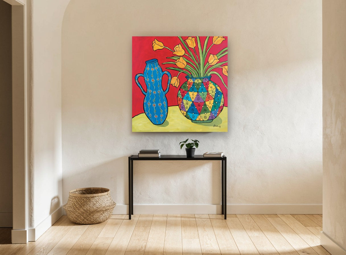 Tulips and Harlequin Vase floral canvas print on the wall of a hallway