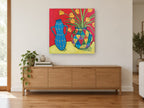 Tulips and Harlequin Vase floral canvas print on the wall of a living room above a sideboard