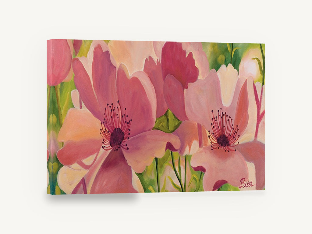 Blushing Poppy Garden, pink open blooms floral painting, floral canvas wall art print ready to hang