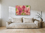 Blushing Poppy Garden floral canvas print on the wall of a living room