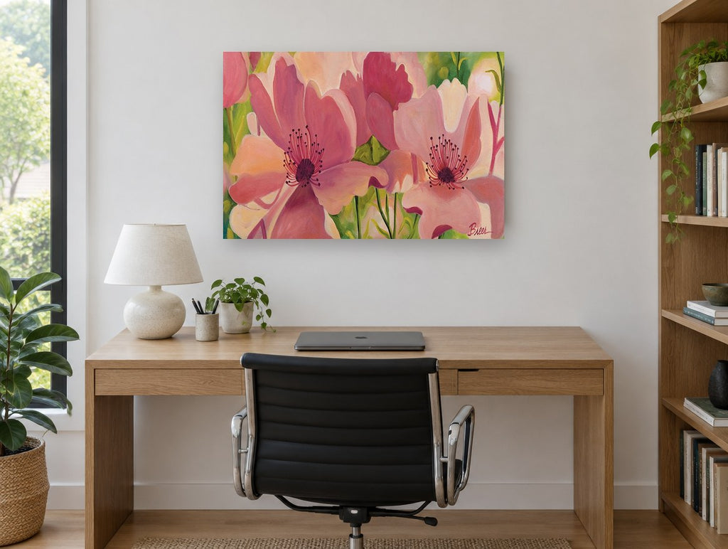 Blushing Poppy Garden floral canvas print on the wall of a study
