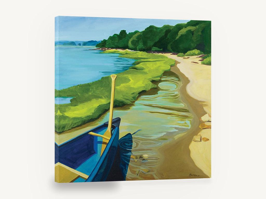 Canoe on the Shore, blue canoe lakeshore painting style landscape, landscape canvas wall art print ready to hang