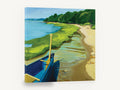Canoe on the Shore, blue canoe lakeshore painting style landscape, landscape canvas wall art print ready to hang
