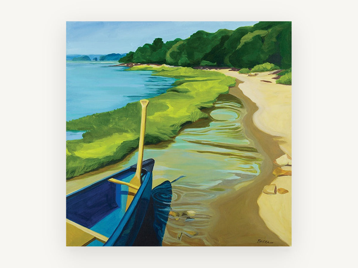 Canoe on the Shore, blue canoe lakeshore painting style landscape, landscape canvas wall art print, front view