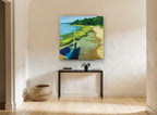 Canoe on the Shore landscape canvas print on the wall of a hallway