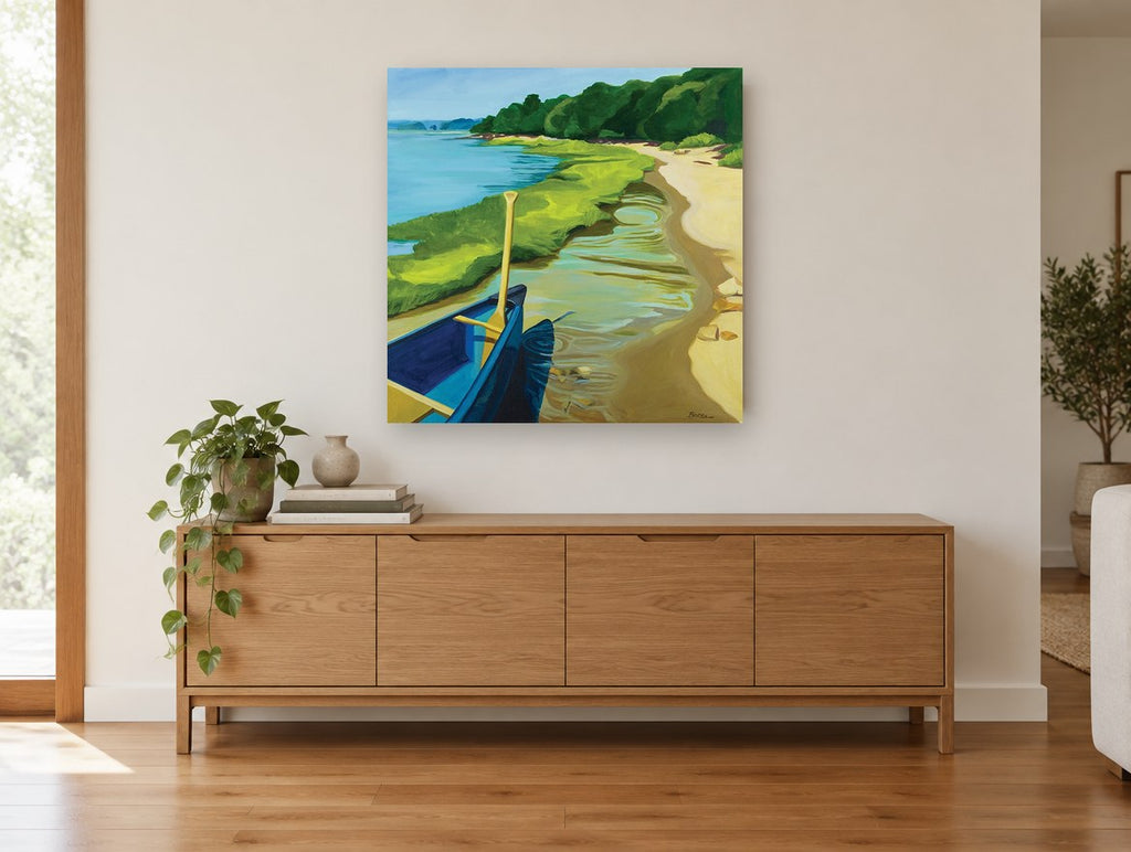 Canoe on the Shore landscape canvas print on the wall of a living room above a sideboard
