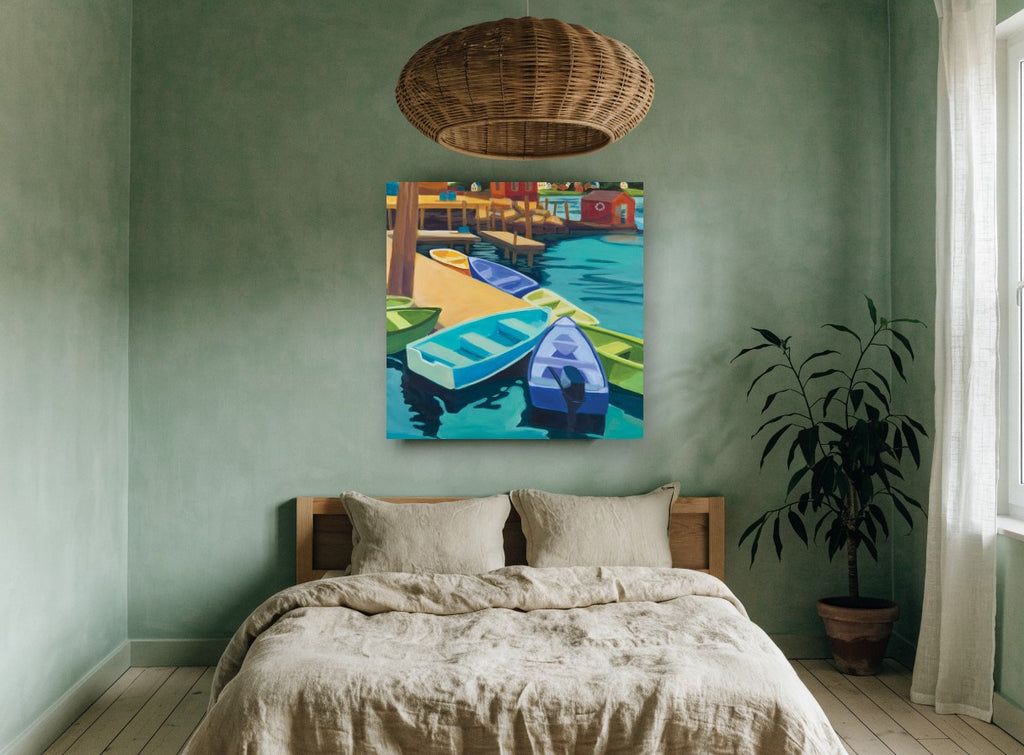 Dinghies at the Dock coastal canvas print on the wall of a bedroom