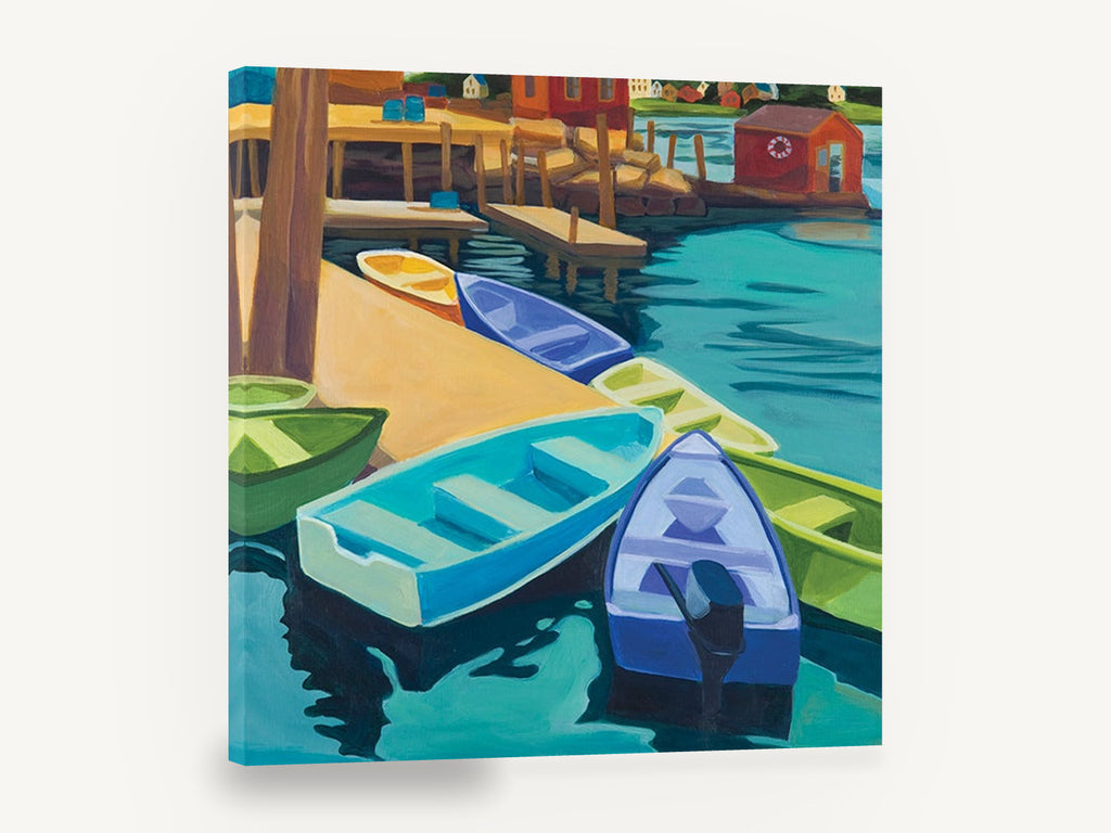 Dinghies at the Dock, colourful dinghies harbour wharf artwork, coastal canvas wall art print ready to hang