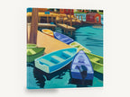 Dinghies at the Dock, colourful dinghies harbour wharf artwork, coastal canvas wall art print ready to hang