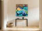 Dinghies at the Dock coastal canvas print on the wall of a hallway