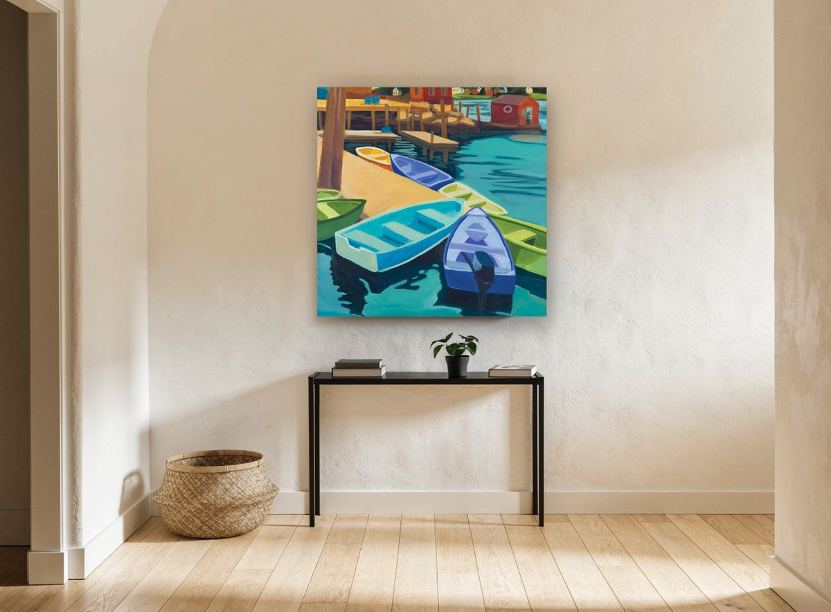 Dinghies at the Dock coastal canvas print on the wall of a hallway