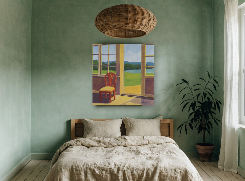 Morning Sunroom View coastal canvas print on the wall of a bedroom