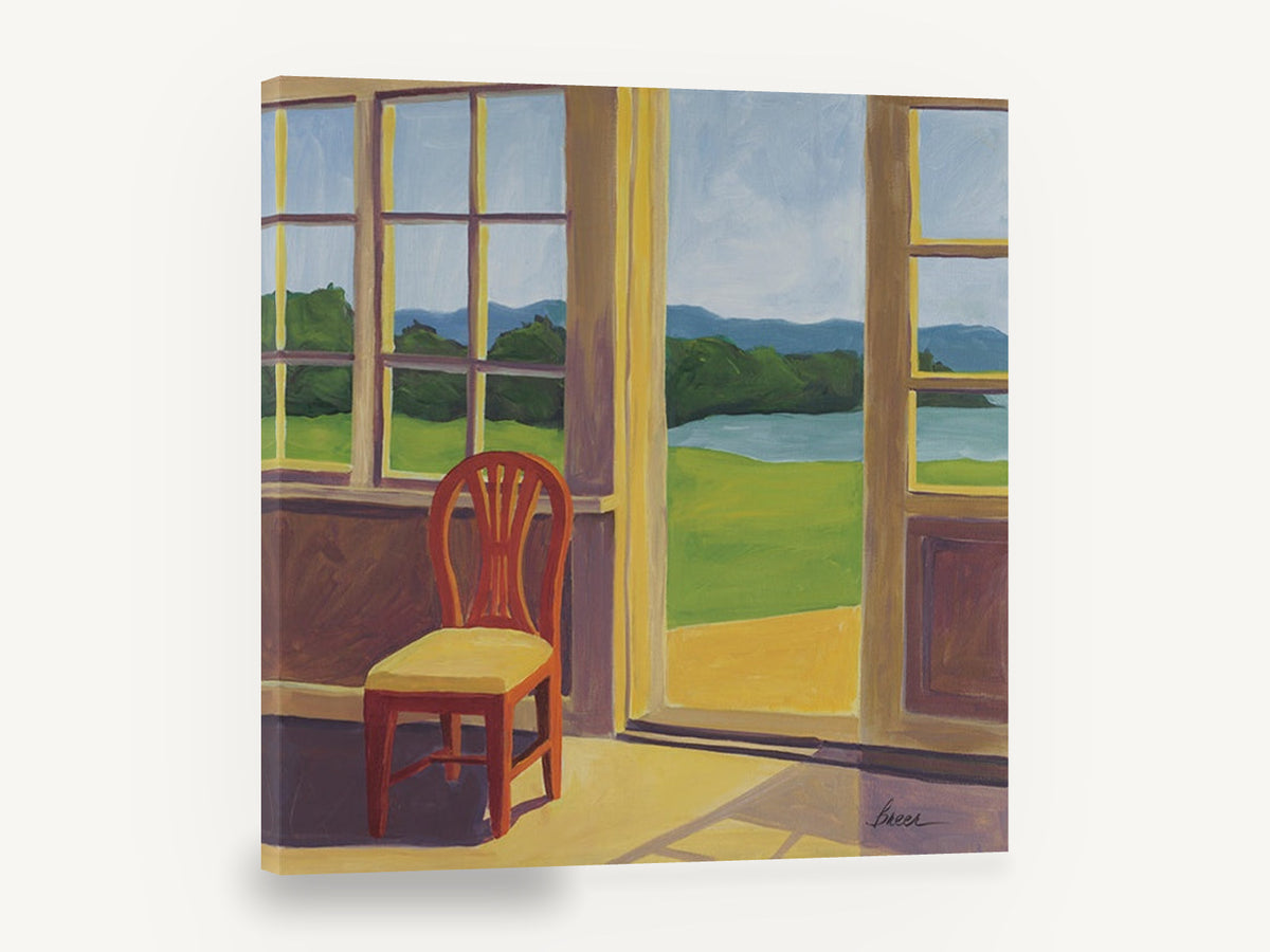 Morning Sunroom View, sunroom chair lake view painting, coastal canvas wall art print ready to hang