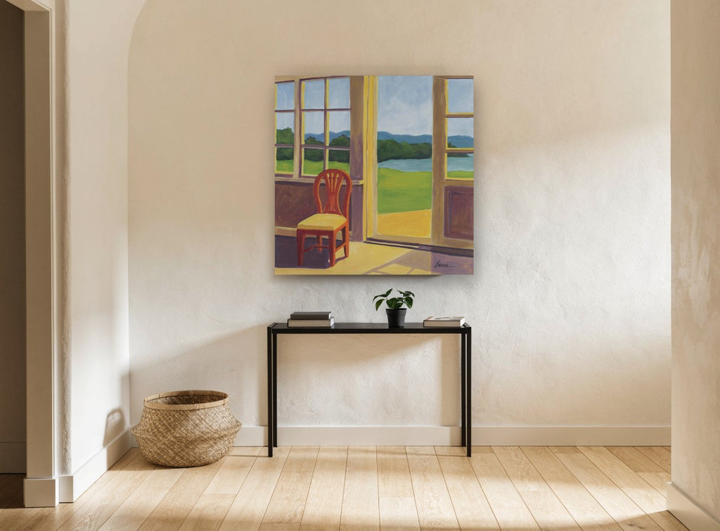 Morning Sunroom View coastal canvas print on the wall of a hallway