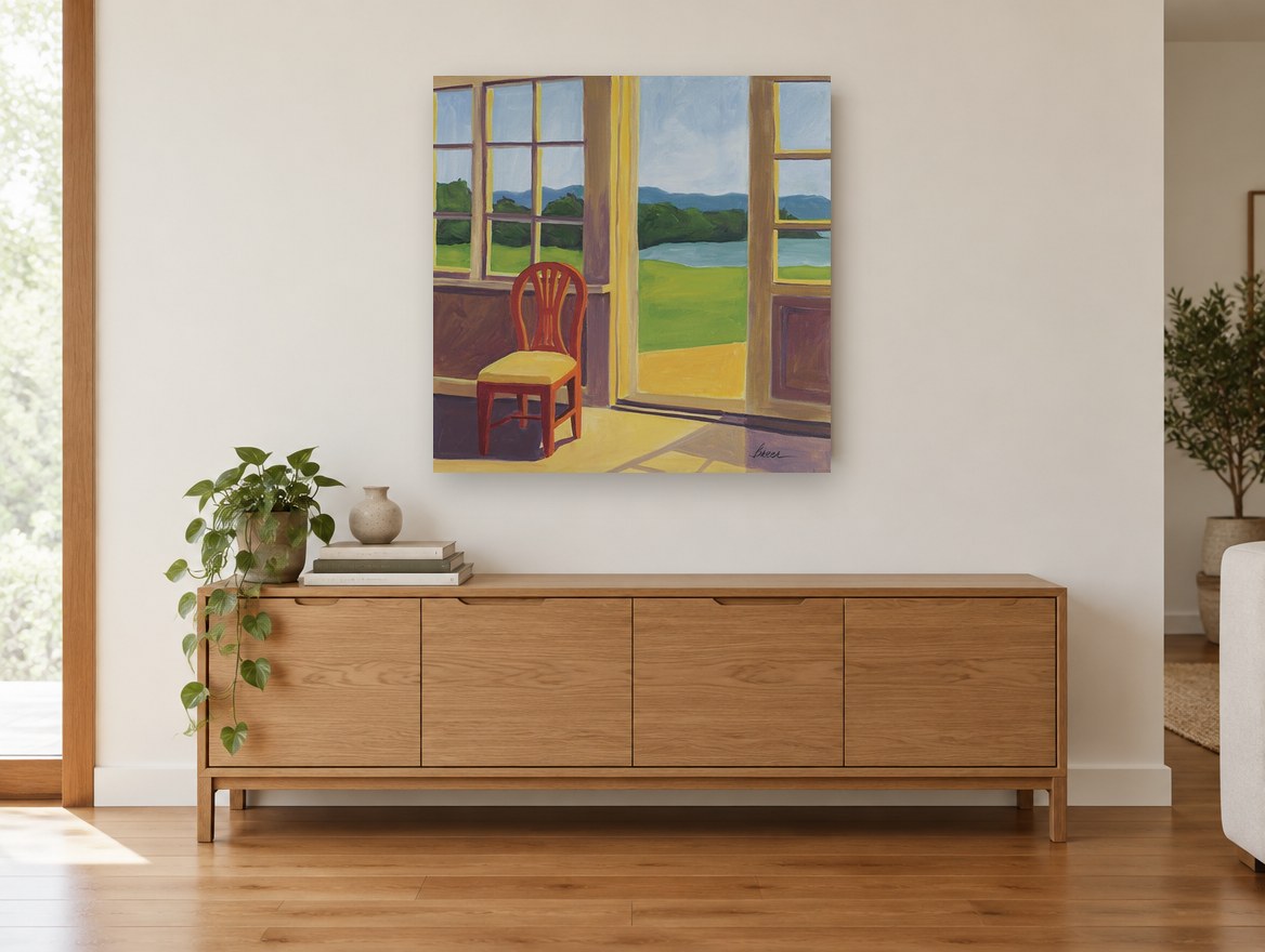 Morning Sunroom View coastal canvas print on the wall of a living room above a sideboard
