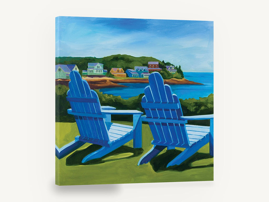 Blue Chairs Bay View, blue adirondack chairs coastal painting, coastal canvas wall art print ready to hang