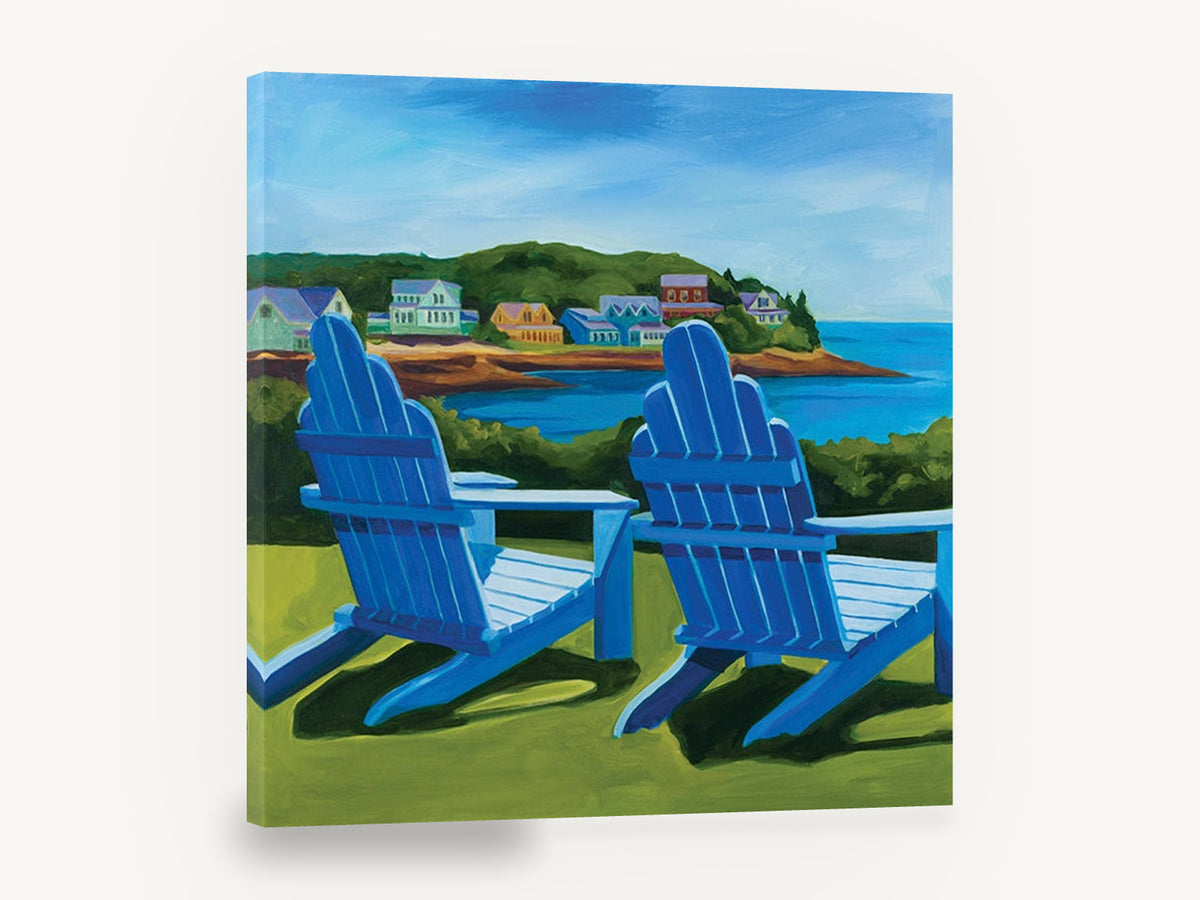 Blue Chairs Bay View, blue adirondack chairs coastal painting, coastal canvas wall art print ready to hang