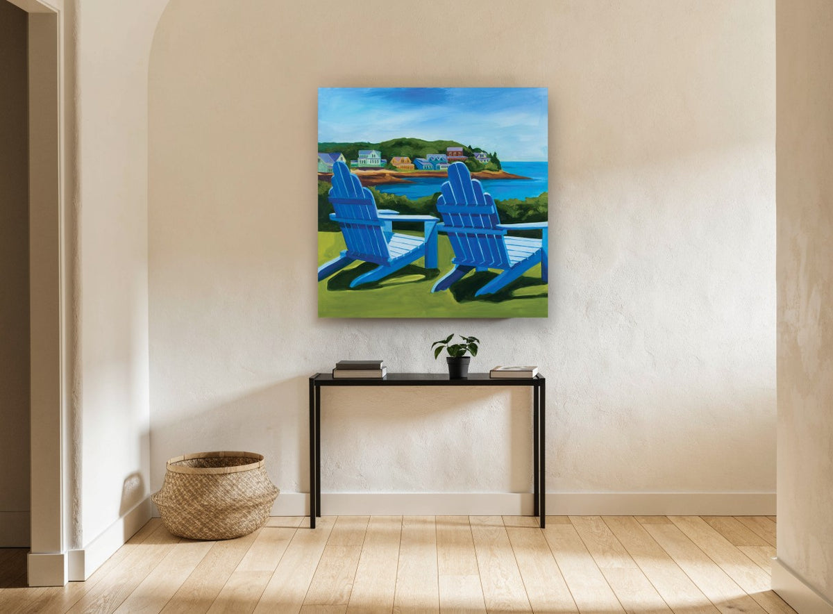 Blue Chairs Bay View coastal canvas print on the wall of a hallway