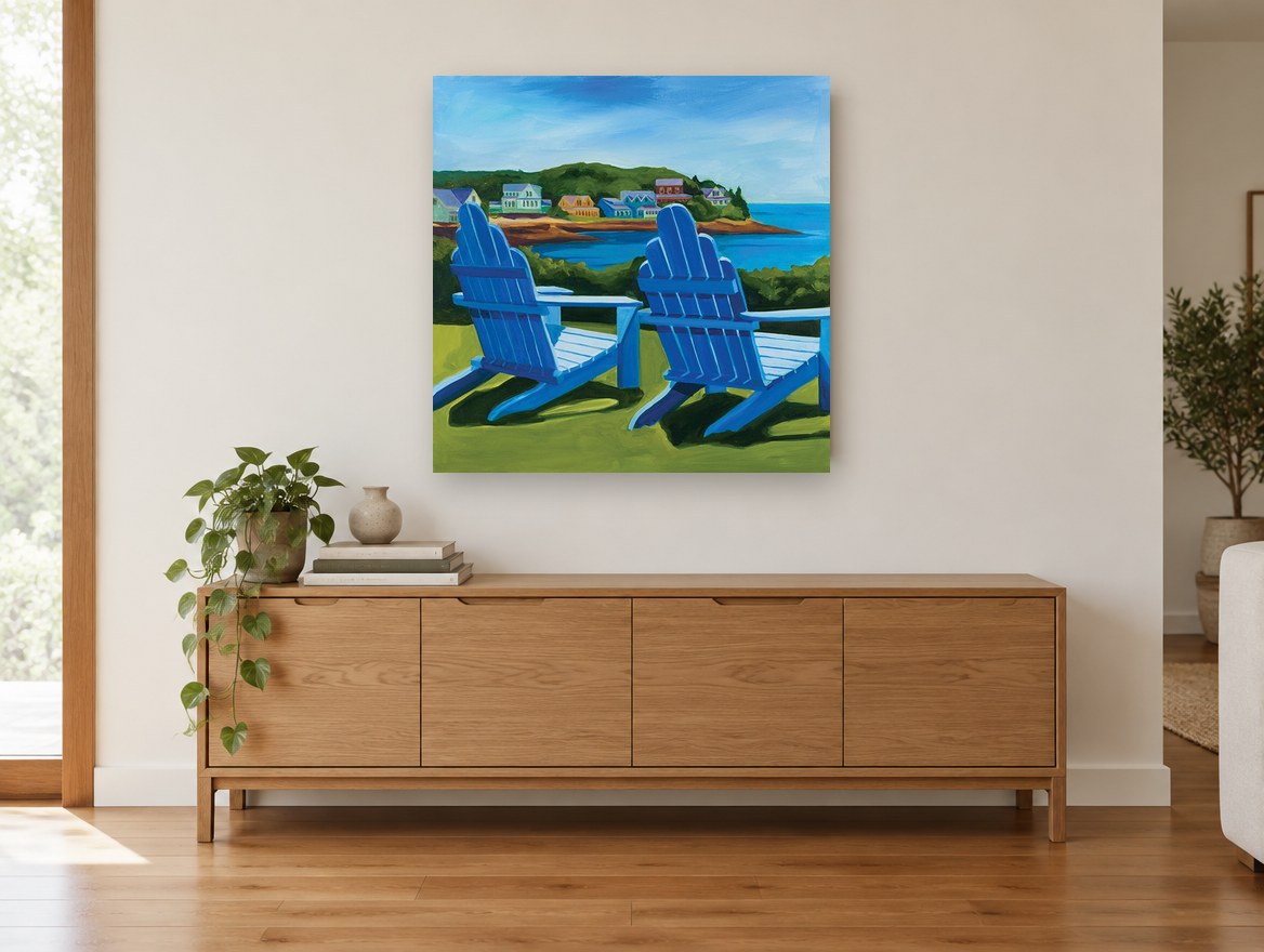 Blue Chairs Bay View coastal canvas print on the wall of a living room above a sideboard
