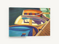 Dockside Rowboat Colours, colourful rowboats beside wooden dock, landscape canvas wall art print ready to hang