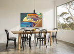 Dockside Rowboat Colours landscape canvas print on the wall of a dining room