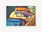 Dockside Rowboat Colours, colourful rowboats beside wooden dock, landscape canvas wall art print, front view