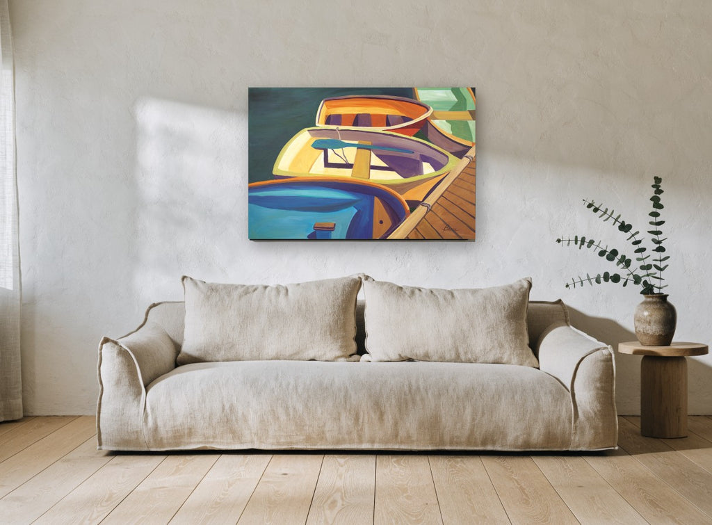 Dockside Rowboat Colours landscape canvas print on the wall of a living room