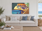 Dockside Rowboat Colours landscape canvas print on the wall of a beach house living room