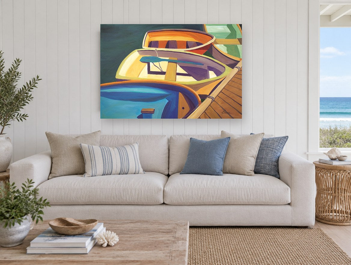 Dockside Rowboat Colours landscape canvas print on the wall of a beach house living room