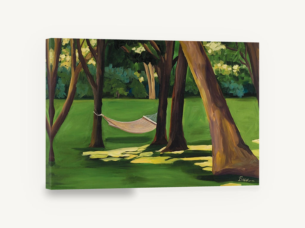 Hammock Under the Shade, hammock between trees painting style, landscape canvas wall art print ready to hang