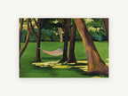 Hammock Under the Shade, hammock between trees painting style, landscape canvas wall art print, front view
