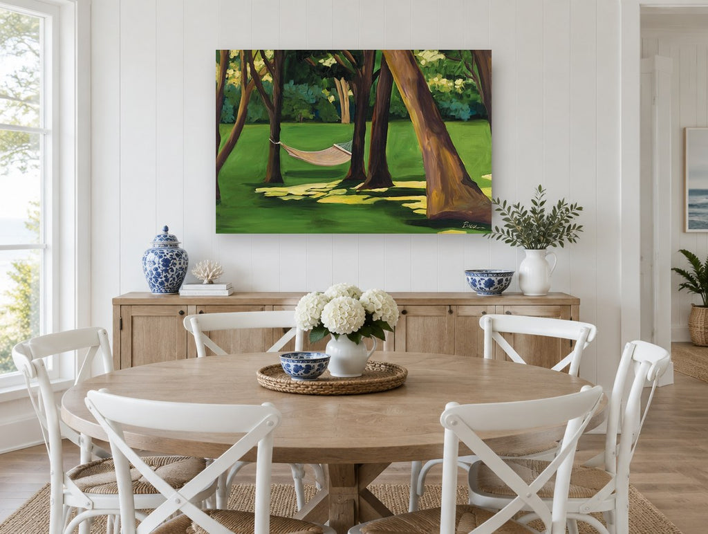Hammock Under the Shade landscape canvas print on the wall of a Hamptons dining room