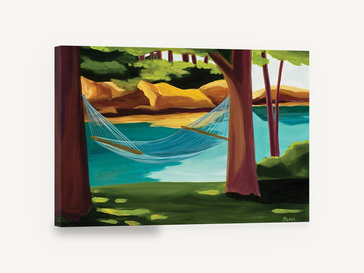 Hammock by the Lake, lakeside hammock painting style landscape, landscape canvas wall art print ready to hang