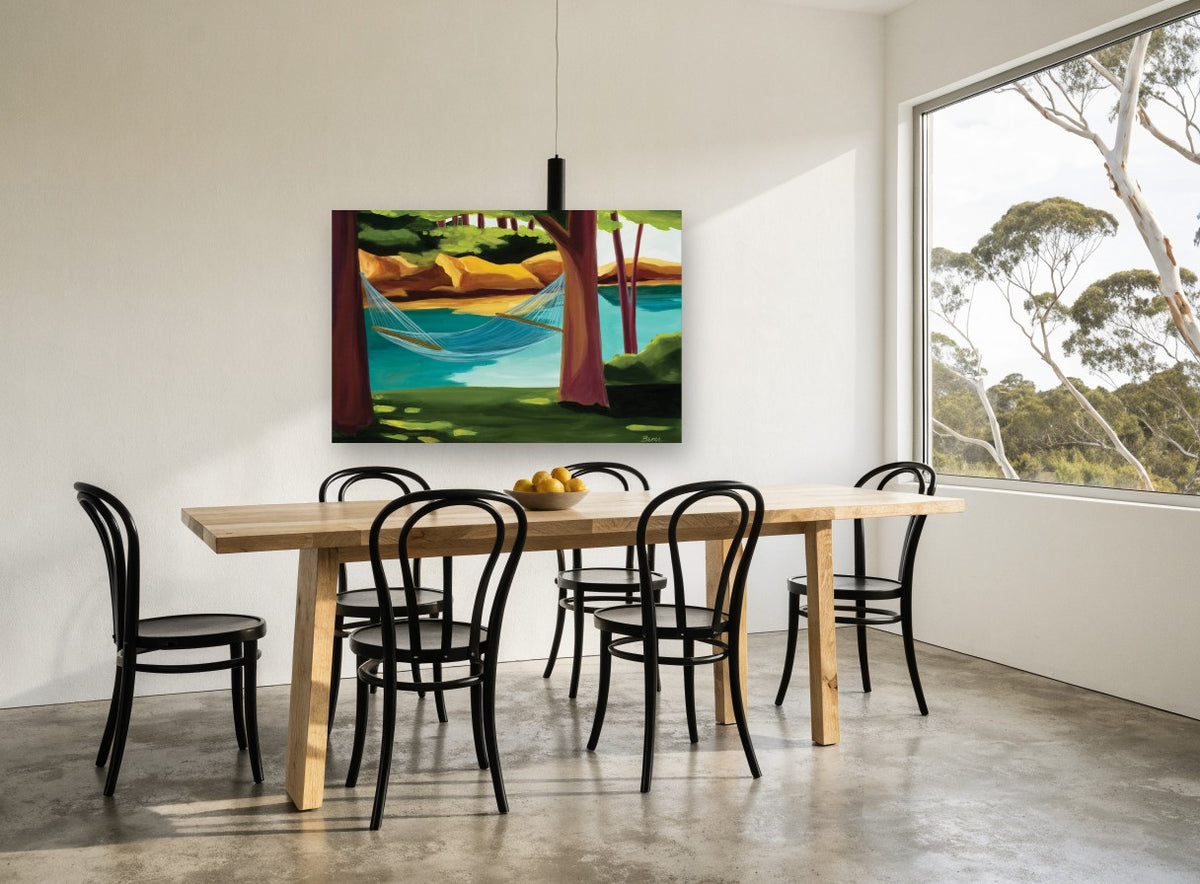 Hammock by the Lake landscape canvas print on the wall of a dining room
