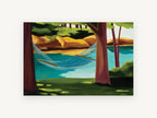Hammock by the Lake, lakeside hammock painting style landscape, landscape canvas wall art print, front view